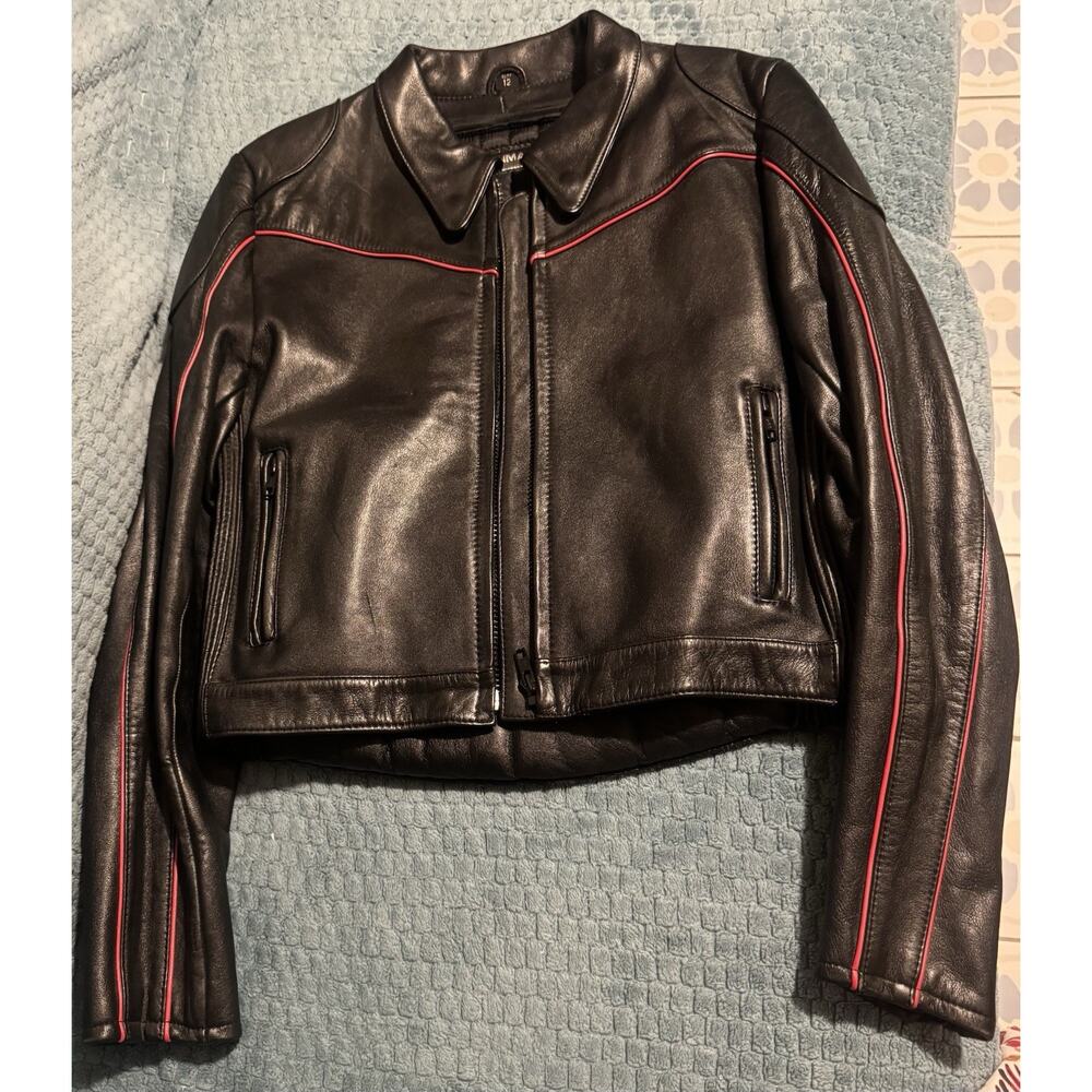 Steinmark Black Biker Jacket Red Piping Quilted Lining Zip Short Women Size 12